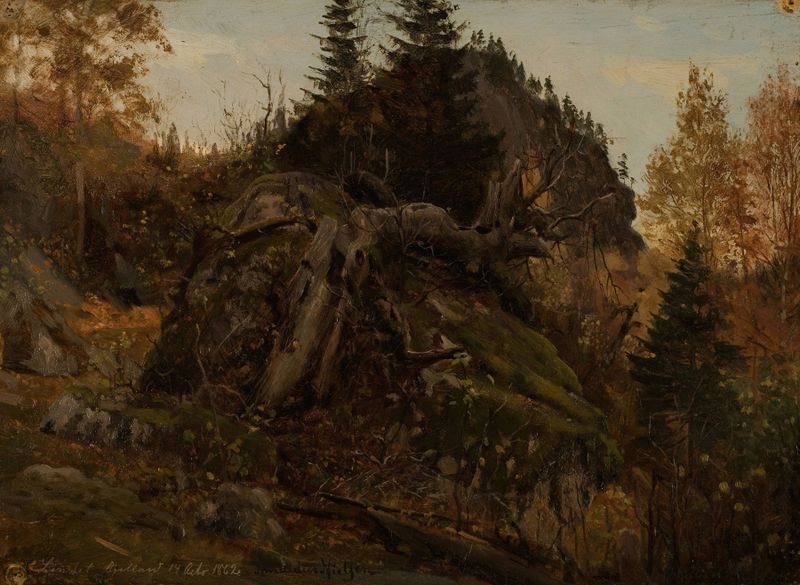 Høststudie. Bjelland, Mandal de Amaldus Nielsen, óleo que representa hojas de otoño y un paisaje tranquilo.