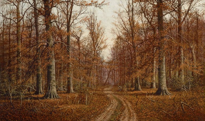 Paisagem de árvores de faia com luz filtrada, pintura a óleo de William Mckendree Snyder