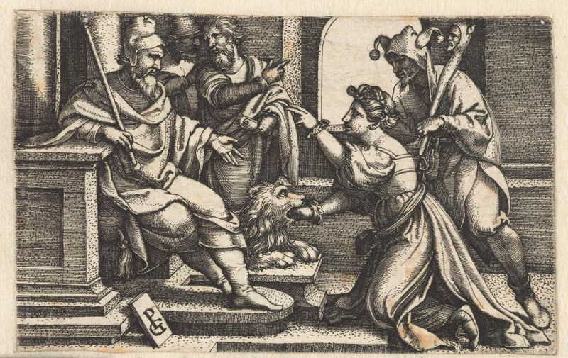 Grabado de Georg Pencz que muestra a una mujer con las manos levantadas en claroscuro.