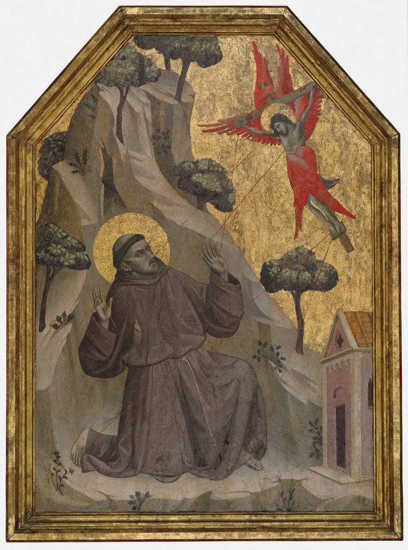 La Estigmatización de San Francisco de Taddeo Gaddi, medio dorado, representando a San Francisco en ferviente oración.