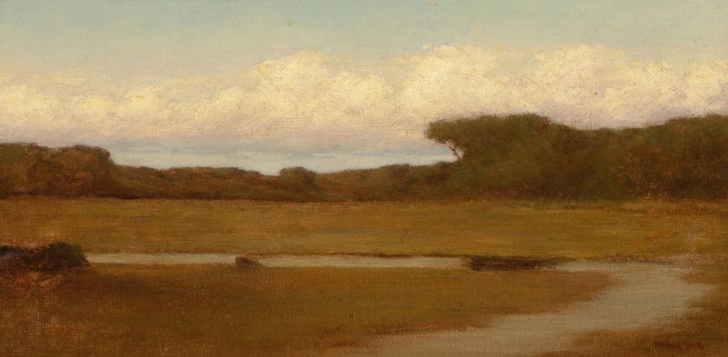 Meadow Brook de William Sartain, óleo sobre lienzo que representa un paisaje sereno con verdes vibrantes y amarillos dorados.