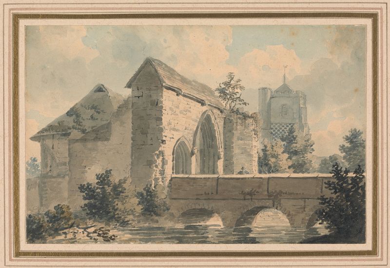 Waltham Abbey, Essex de Edward Dayes, pintura al óleo que representa una abadía con nubes