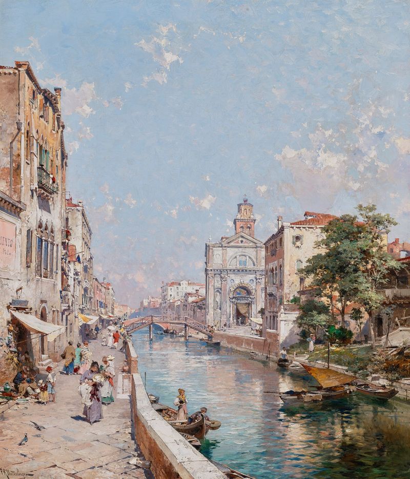 Rio San Girolamo, Veneza de Franz Richard Unterberger, pintura a óleo que retrata um canal com reflexos e edifícios.