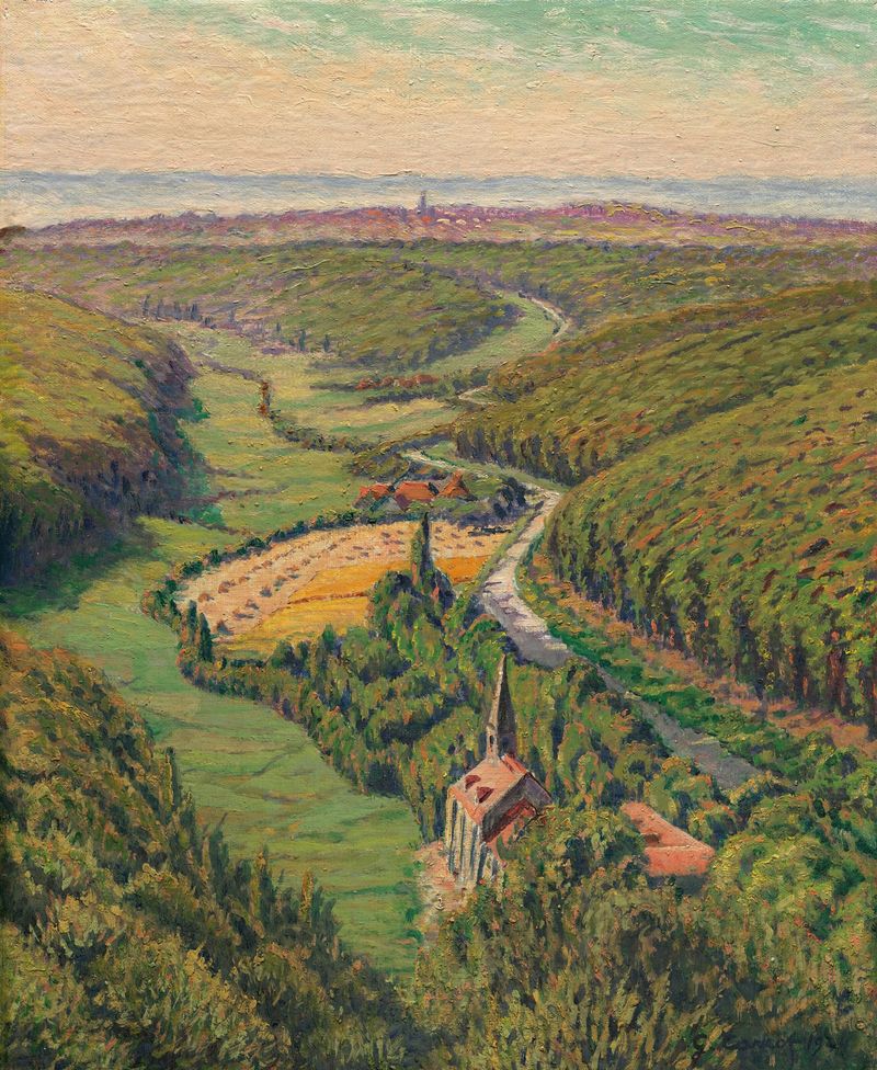 Vue de Schlangenbad, pintura a óleo de Gustave Cariot retratando uma paisagem serena de vila.