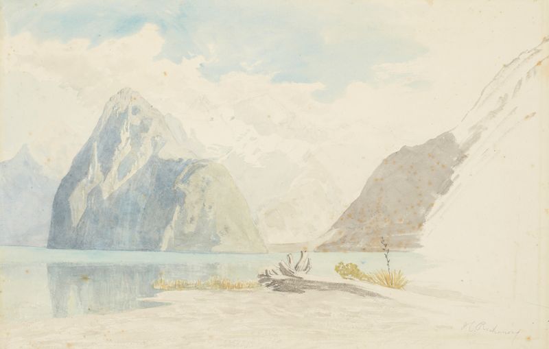 Milford Sound de James Crowe Richmond, óleo sobre lienzo que muestra montañas brumosas y agua reflectante.