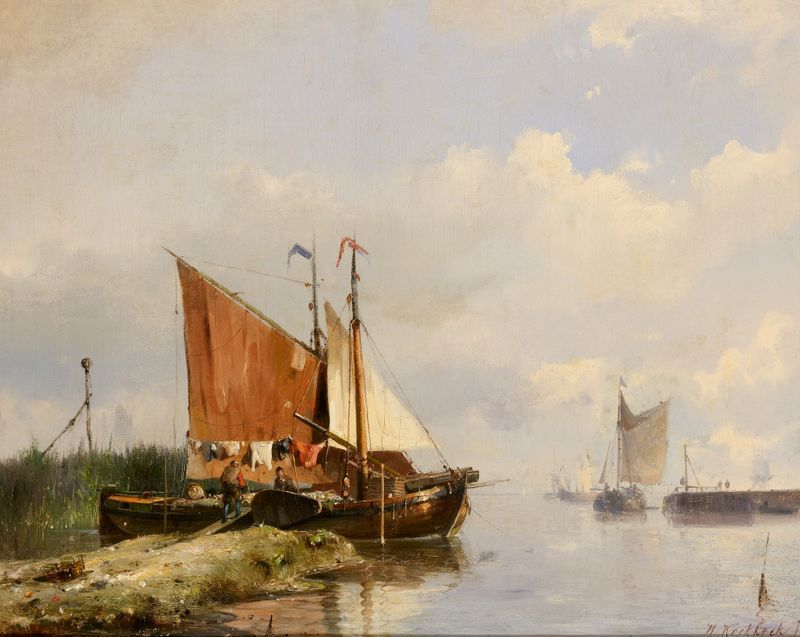 Riviergezicht de Hermanus Koekkoek o mais velho, pintura a óleo que representa uma paisagem de rio tranquila.
