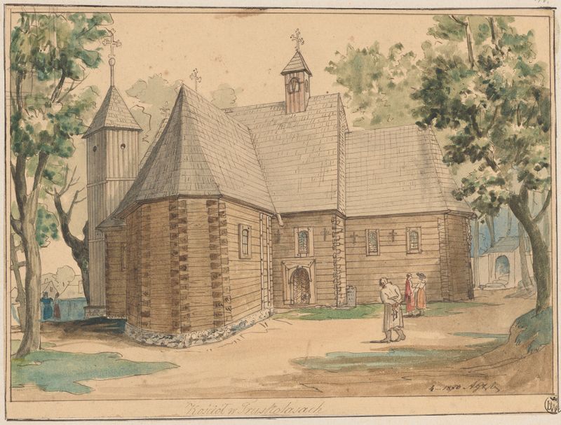 Church in Truskolasy by Adrian Głębocki, realism, exterior view of a stone church