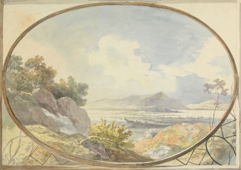 Mountain landscape through an oval window, oil on canvas by George Barret