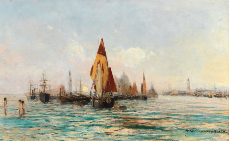 Fishing boats near Venice, oil on canvas by Theodor Freiherr von Ehrmanns