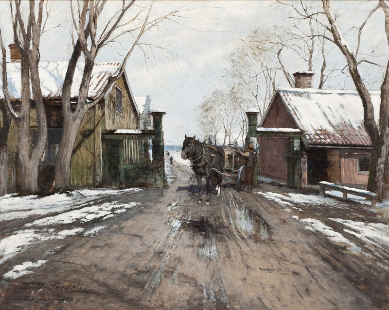 At the City Toll Gate by Victor Forssell, realism, depicting a figure under an archway.