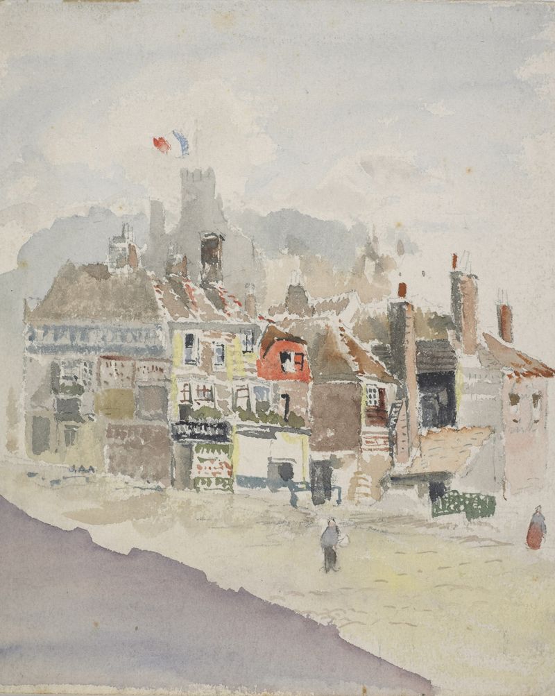 Escena de calle impresionista de James Aitken, que muestra figuras urbanas y árboles.