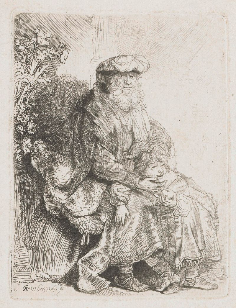 Abraham caressing Isaac, gravura de Rembrandt van Rijn, mostrando um momento terno com luz suave.