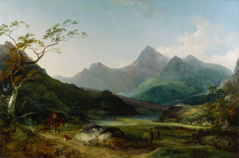 Pintura a óleo de Philip James de Loutherbourg retratando Snowdon e um lago tranquilo
