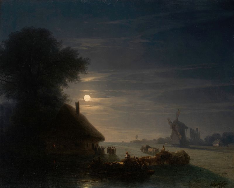 Paisaje Ucraniano de Noche de Ivan Konstantinovich Aivazovsky, pintura al óleo que muestra un paisaje iluminado por la luna
