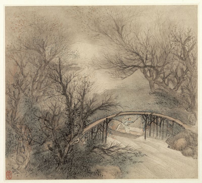 Album of Landscapes; Leaf 1 by Wang Gai, ink on paper depicting serene water reflections.