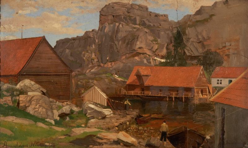 Solsvik, Bergen de Amaldus Nielsen, óleo sobre lienzo que representa un paisaje de fiordo sereno.