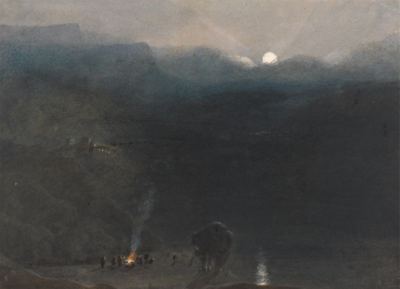 Mauritius – Moonlight, a Romanticism landscape by William John Chamberlayne, depicting charcoal burners at night.