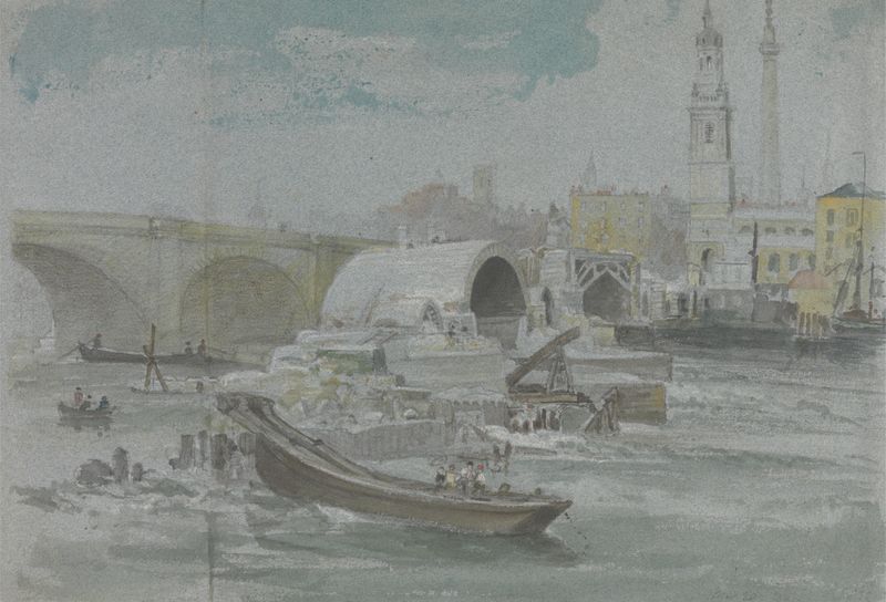 The Demolition of Old London Bridge by George Arnald, oil painting depicting laborers and ruins.