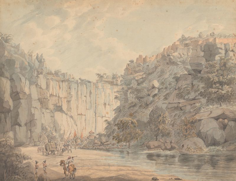 Landscape oil painting by Thomas Anburey depicting mountains, a valley, and a river.