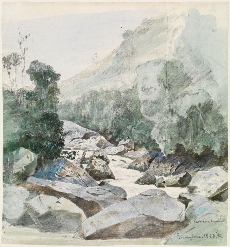 Landscape of Gebirgsbach in Cachoeira do Marmello by Ferdinand Keller, oil painting depicting a serene river scene.