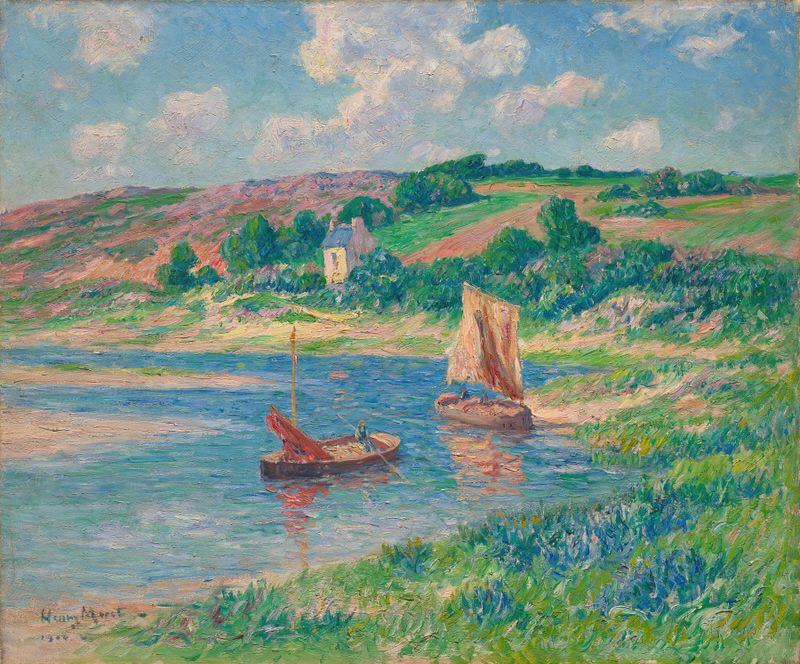 Les Sableurs Pont-Aven de Henry Moret, óleo sobre lienzo que muestra figuras coloridas en un paisaje animado.