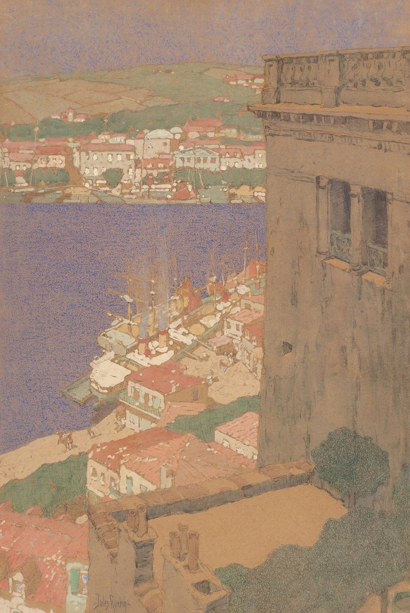 Paisaje de Jules Guerin, con suaves pasteles y pinceladas audaces en un cielo etéreo.