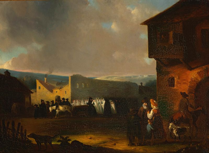 Funeral judeu em Vilnius em 1824, pintura a óleo de Julian Karczewski, retratando uma reunião solene de enlutados.