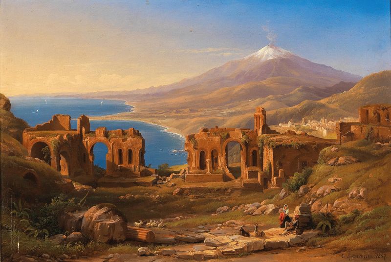 View of the ruins of the ancient theatre of Taormina, Sicily, by Karl Christian Sparmann, oil painting