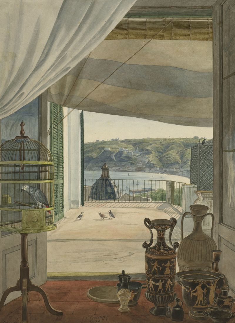 Still life of ancient relics on a balcony overlooking the Gulf of Naples, oil painting by Carl Wilhelm Götzloff