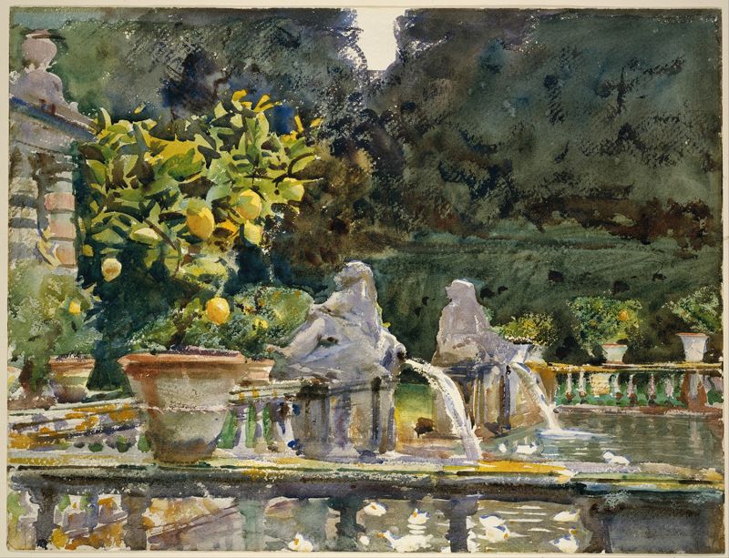 Villa di Marlia, Lucca; A Fountain de John Singer Sargent, óleo sobre tela que retrata um jardim tranquilo