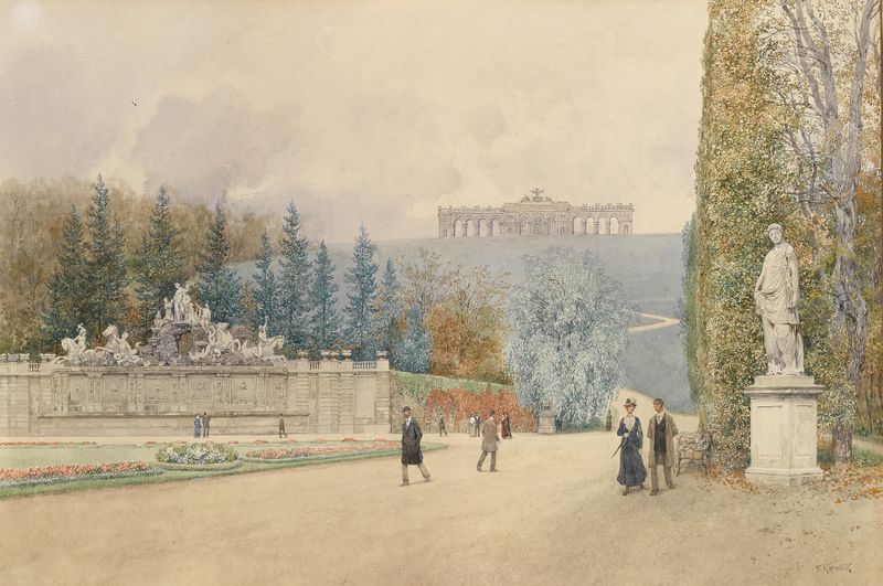 Parterre im Schönbrunner Schlosspark by Franz Kopallik, oil on canvas depicting a vibrant garden.
