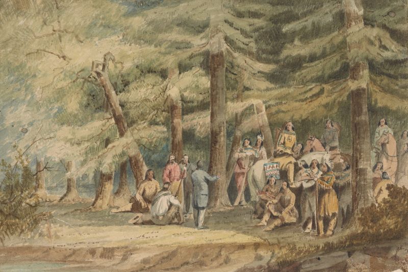 Figurative oil painting by John Mix Stanley depicting indigenous figures in warm light.