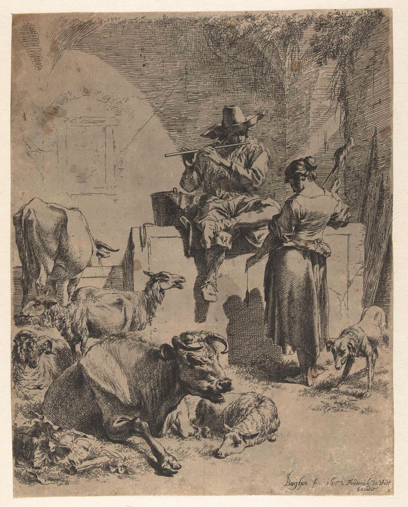 Grabado de Nicolaes Pietersz Berchem que muestra a un pastor tocando la flauta con una moza.
