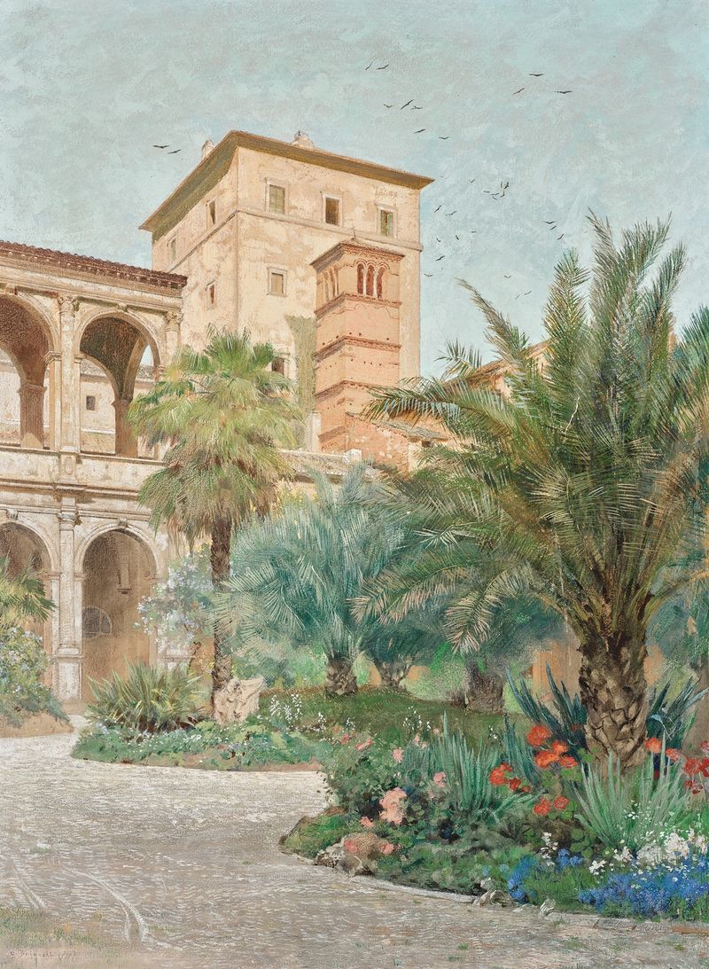 Garden with arches in Vedute der Botschaft in Rom by Othmar Brioschi, oil on canvas