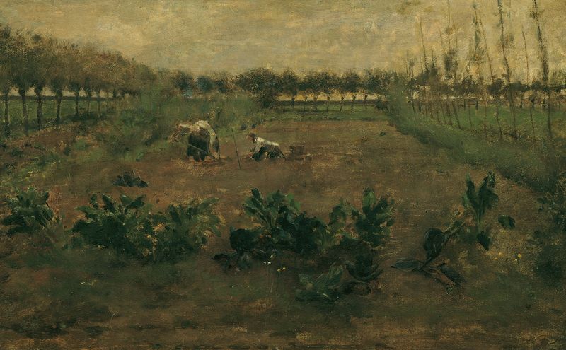 Feldarbeit de Eugen Jettel, óleo sobre tela representando campos com luz e decadência.
