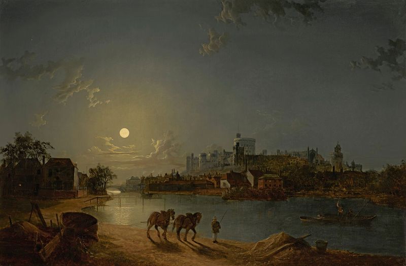 Windsor From The Thames by Henry Pether, oil on canvas depicting the river and architecture at dusk