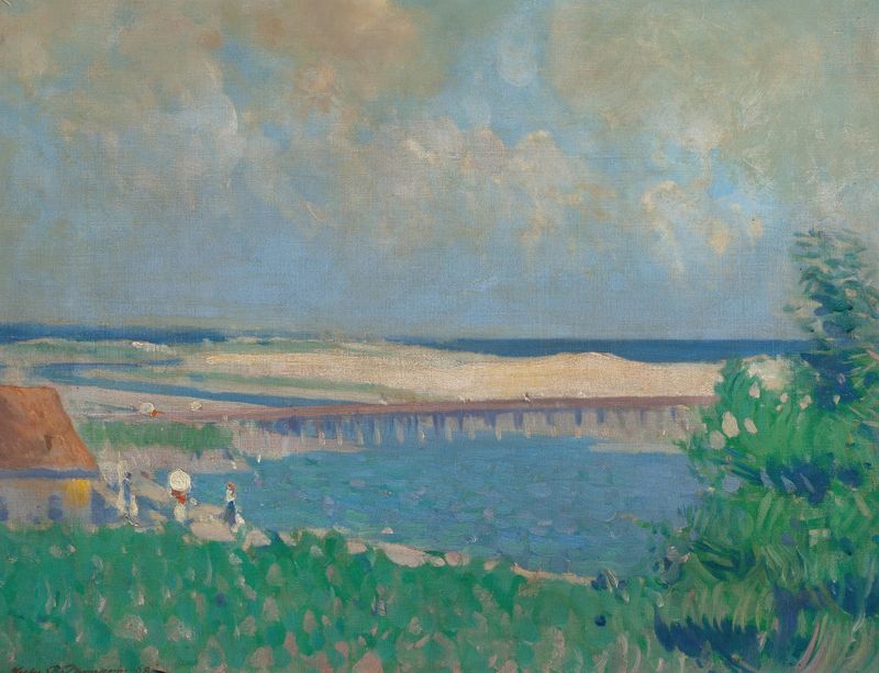 Cena de praia de Leslie Prince Thompson, óleo sobre tela, representando ondas e luz do sol