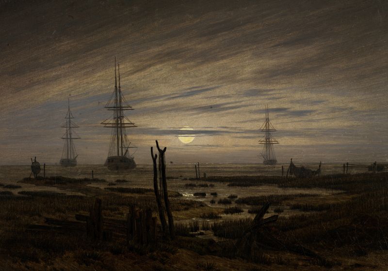 Óleo sobre lienzo de Caspar David Friedrich que representa barcos anclados al amanecer
