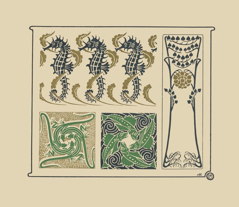 Abstract design with seahorses, fish, and lizards, watercolor by Maurice Pillard Verneuil