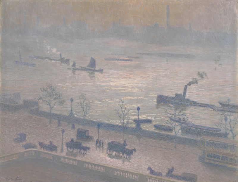 Morning Reflection on the Thames in London, oil on canvas by Emile Claus, depicting a tranquil river scene at dawn