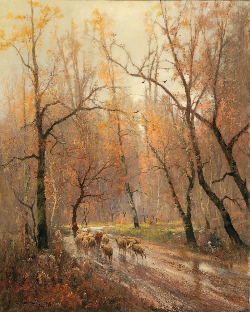 Shepherdess Returning Home, oil on canvas by Adolf Kaufmann, depicting a shepherdess in a lush landscape.