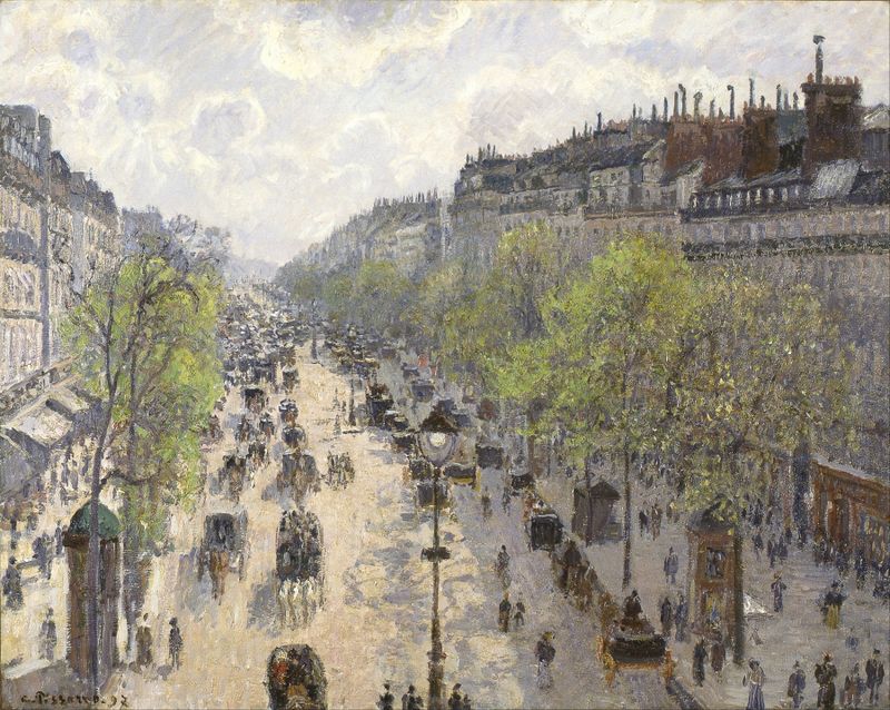 Boulevard Montmartre, Spring by Camille Pissarro, oil on canvas, depicting a lively street scene.