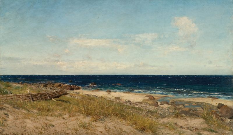 Paisaje costero con colinas y luz, óleo sobre lienzo de Amaldus Nielsen