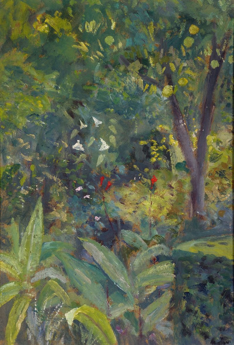 Southern Garden de Ernst Schiess, óleo sobre lienzo que muestra un jardín exuberante con figuras y luz solar.