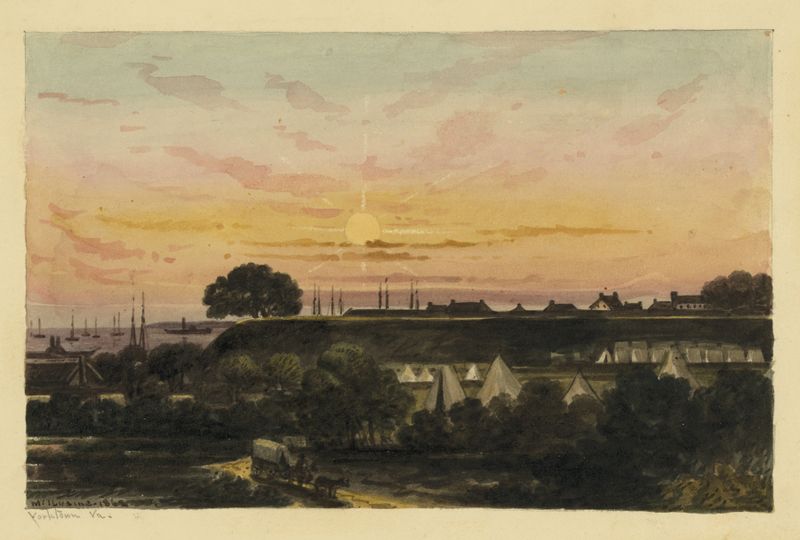 Yorktown, Va. by William McIlvaine, oil on canvas depicting tranquil waters and golden light