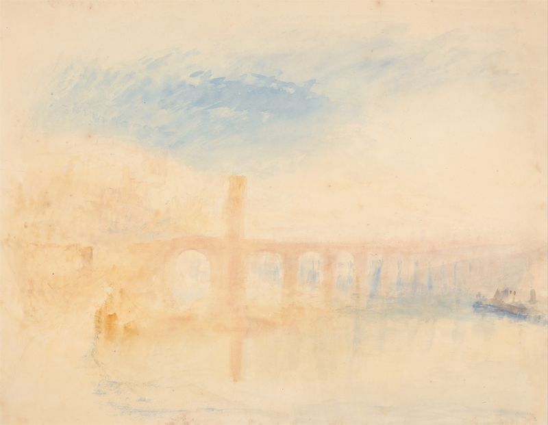 El Puente Mosela, Coblenz de Joseph Mallord William Turner, óleo que representa un paisaje fluvial.