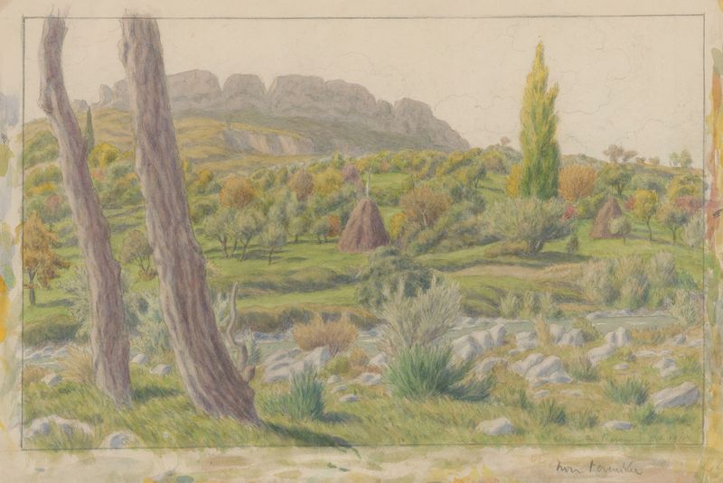 Acuarela de Henri Rivière que representa un paisaje cubierto de vegetación con tonos suaves.