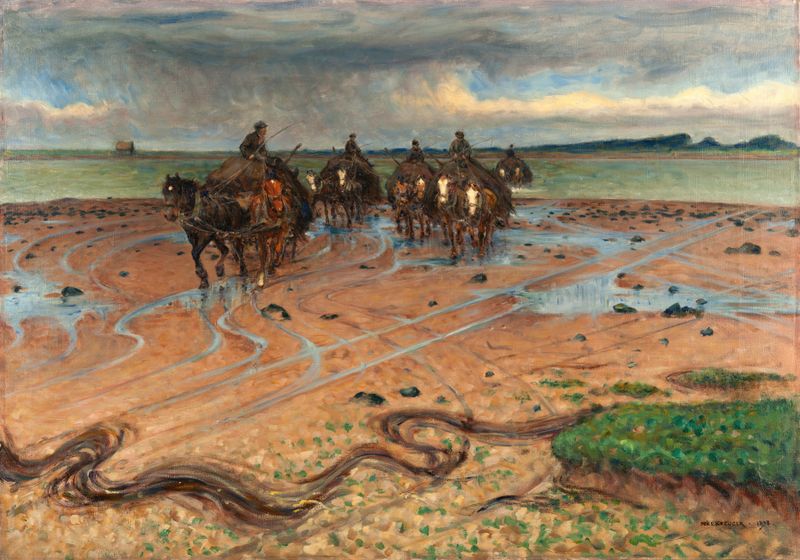 Seaweed Carters by Nils Kreuger, oil on canvas depicting figures gathering seaweed on the coast.