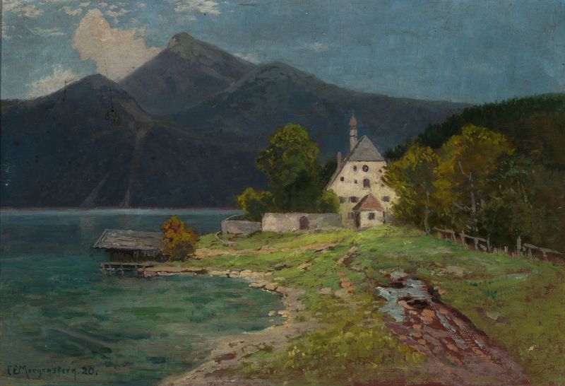 Paisaje con un lago en las montañas, óleo sobre lienzo de Carl Ernst Morgenstern