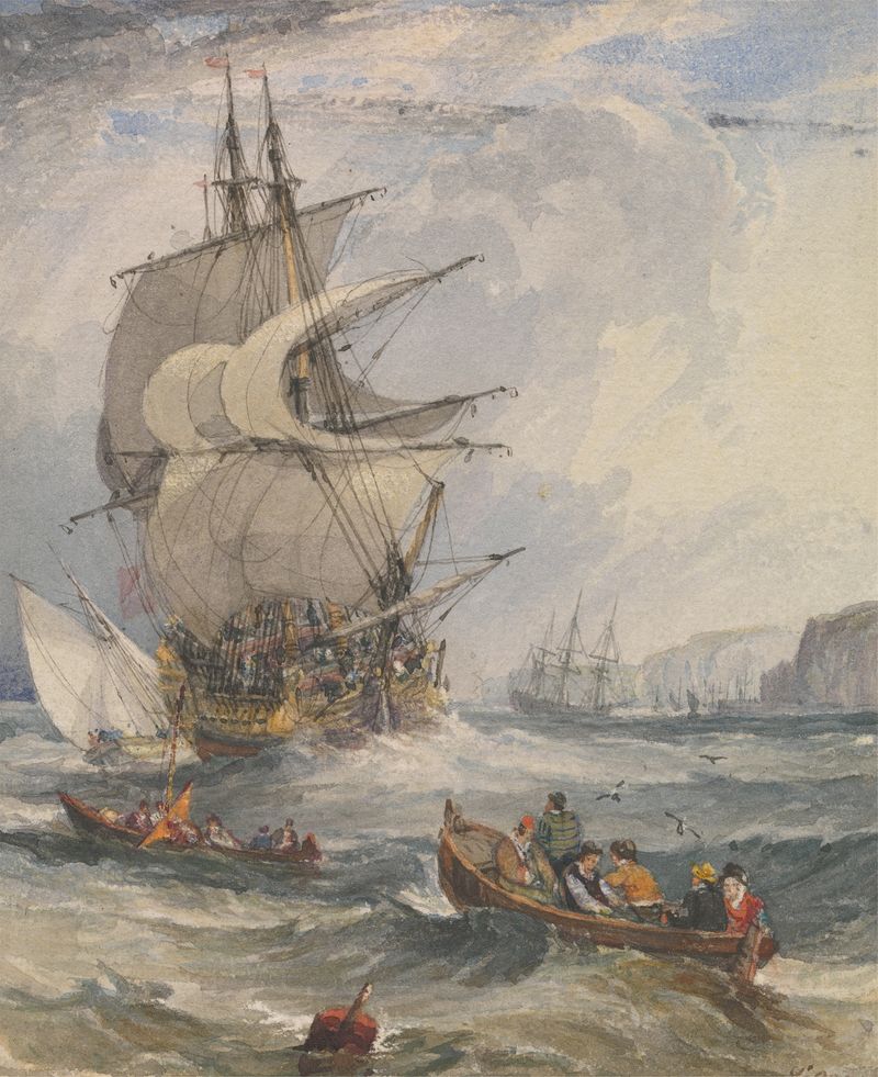 Oil on canvas by Samuel Owen depicting ships and small boats in a stormy sea.